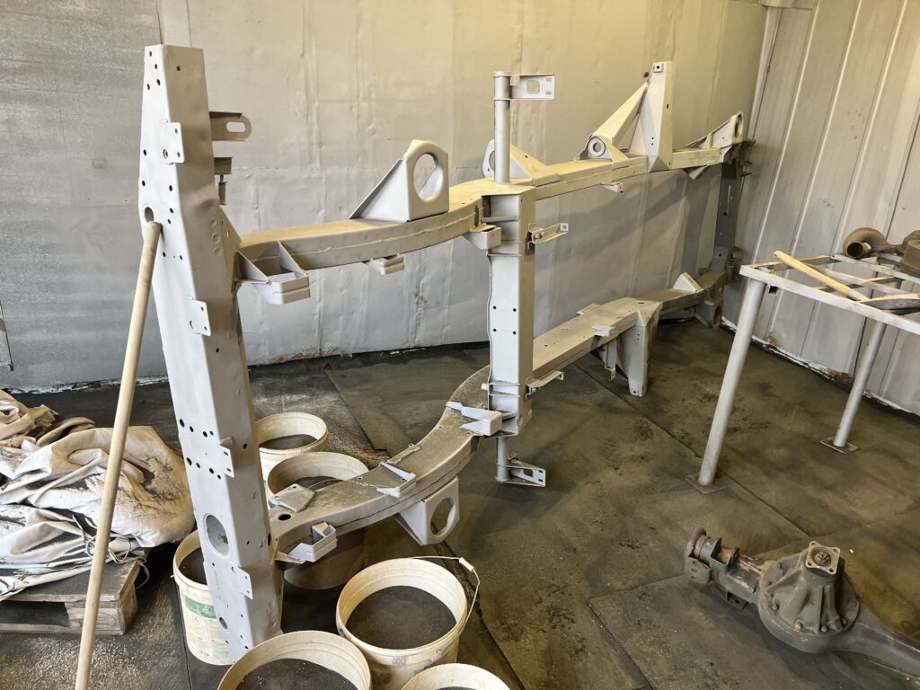 The Ninety's original chassis, sandblasted back to bare metal and ready for galvanizing