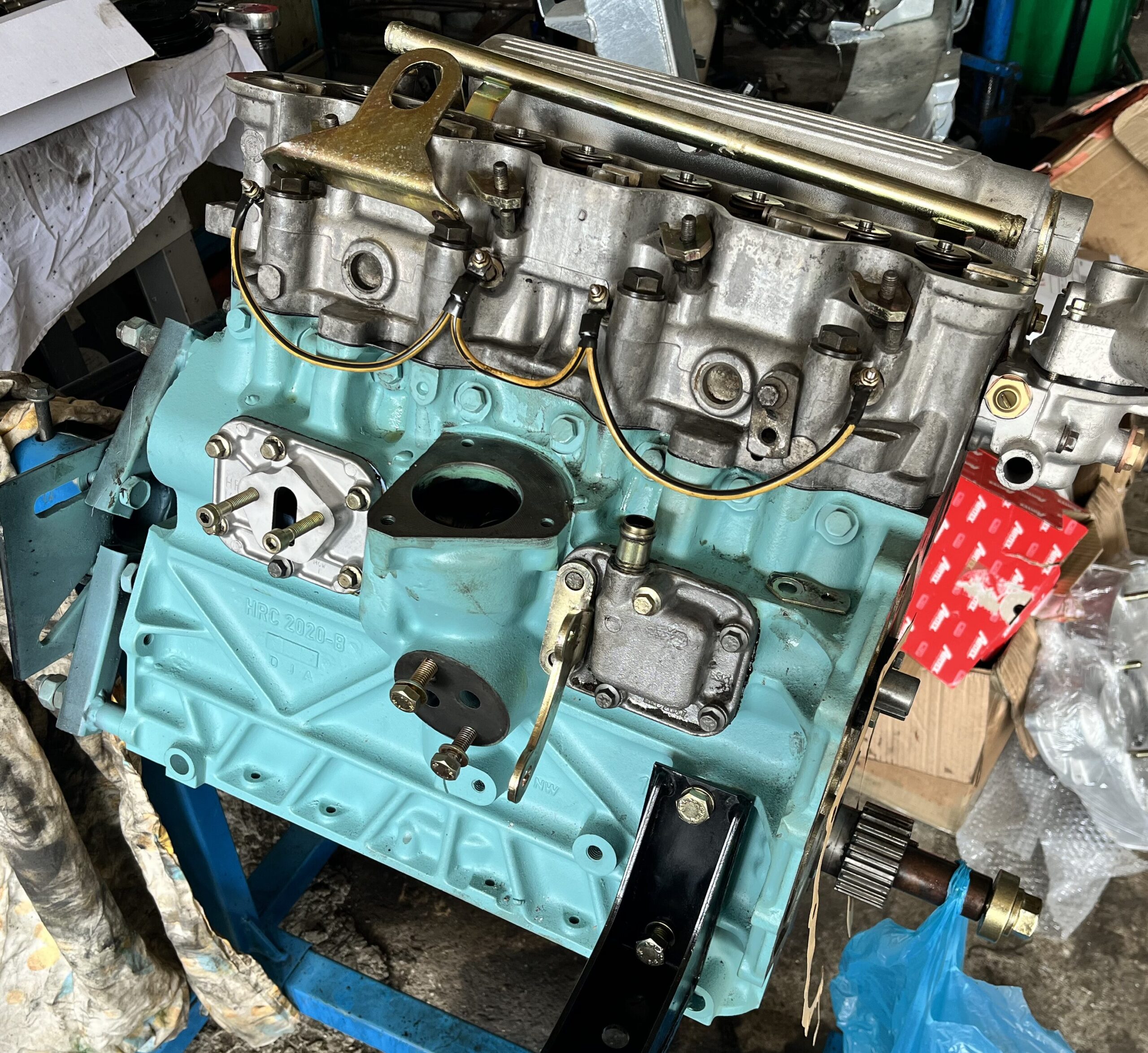 The Ninety's 200Tdi block, rebuilt and painted in Land Rover duck egg green