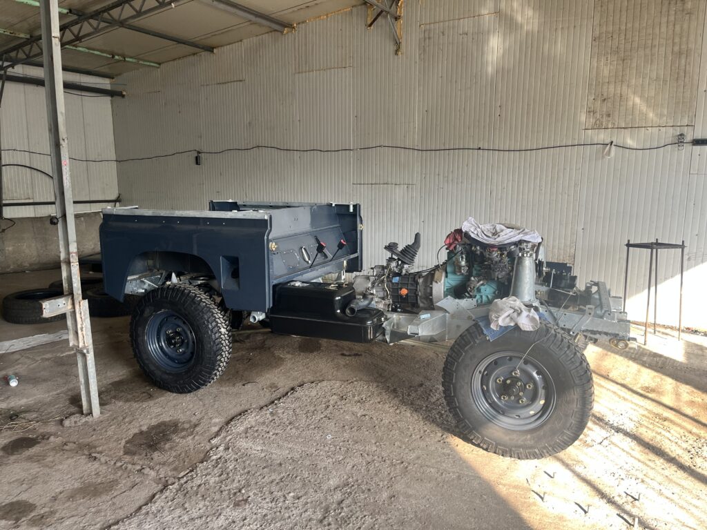 The Ninety's freshly painted Polymetal Grey rear tub fitted to the galvanized rolling chassis